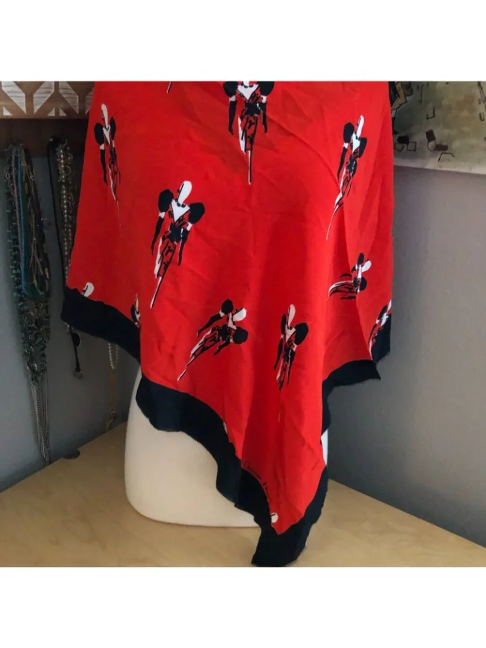 Vintage Christian Dior Silk Scarf Red Black White 50's Couture Evening Gown RARE